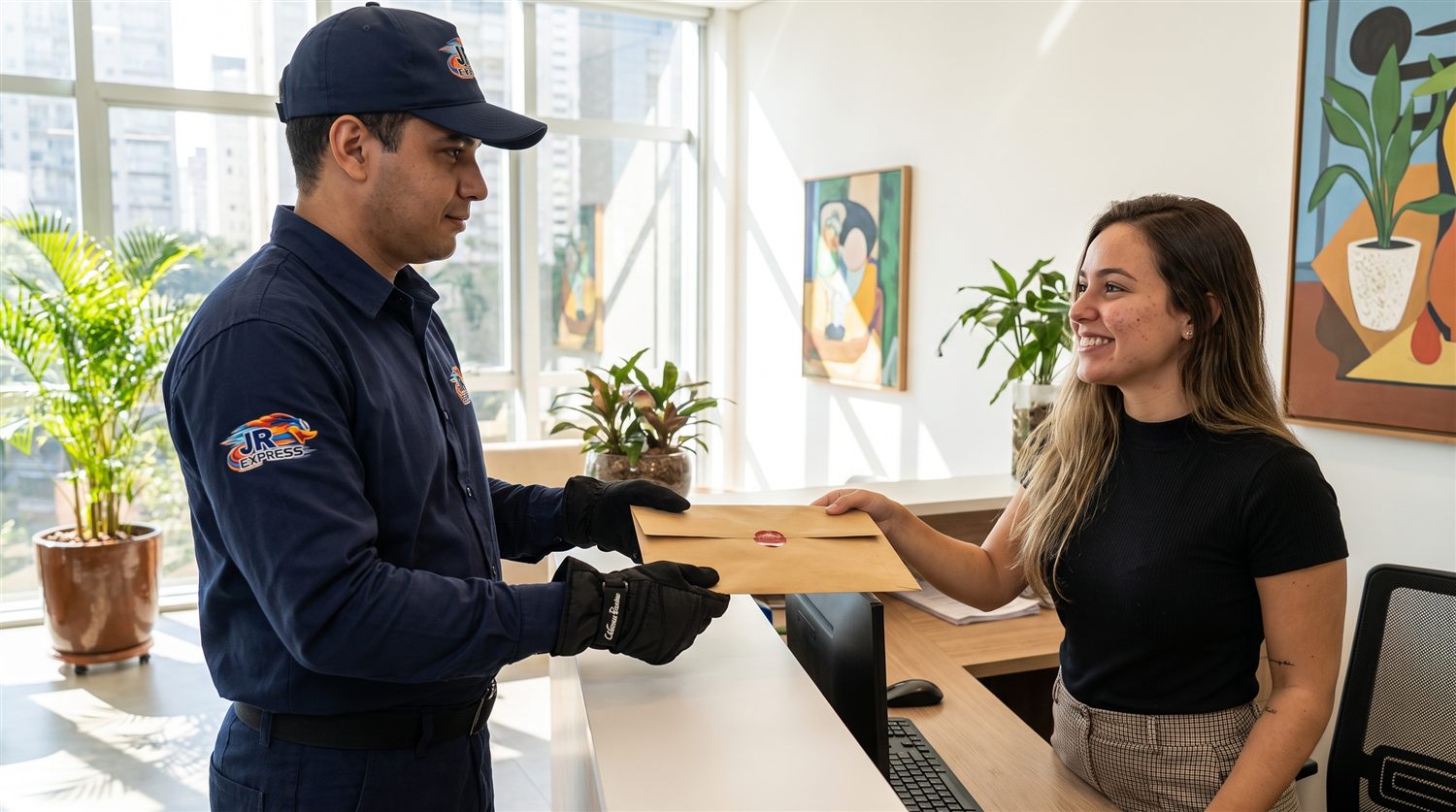 Portador da JR Express entregando documento jurídico a escritório de advocacia em São Paulo
