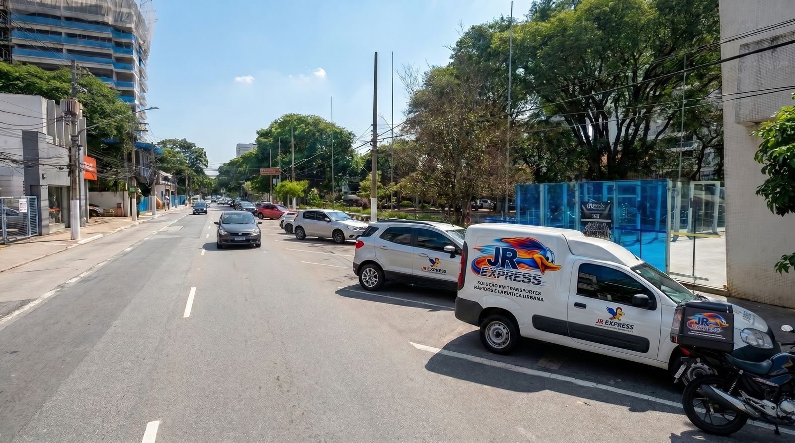 Frota da JR Express com moto, carro e utilitário para entregas urgentes na Grande São Paulo