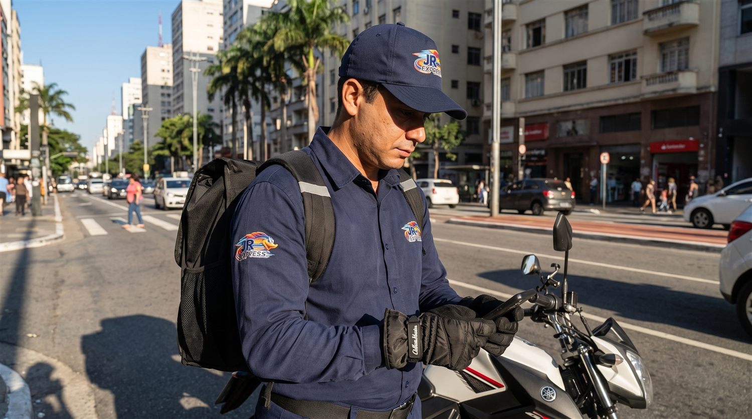 Motoboy da JR Express levando documento para fórum ou cartório em São Paulo